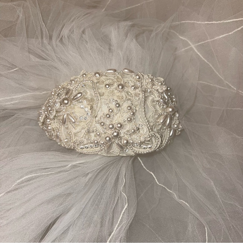 Wedding Pearl Crown with 3 tier lined Veil: Cathedral, Chapel and Blusher